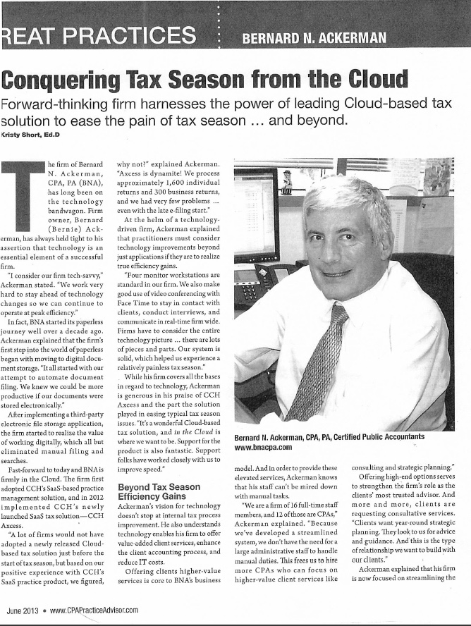 2013 CPA Practice Advisor article featuring Bernard Ackerman and BNA's early adoption of cloud technology